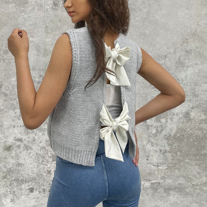 Satin Ribbon Bow Tied Back Lace Up Knit Vest