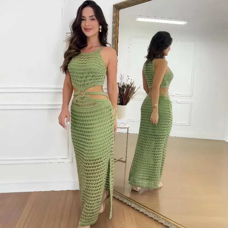 Stunning Gaze Knit Texture Ring Side Waist Cutout Stretch Maxi Dress (Buy 2 Free Shipping)