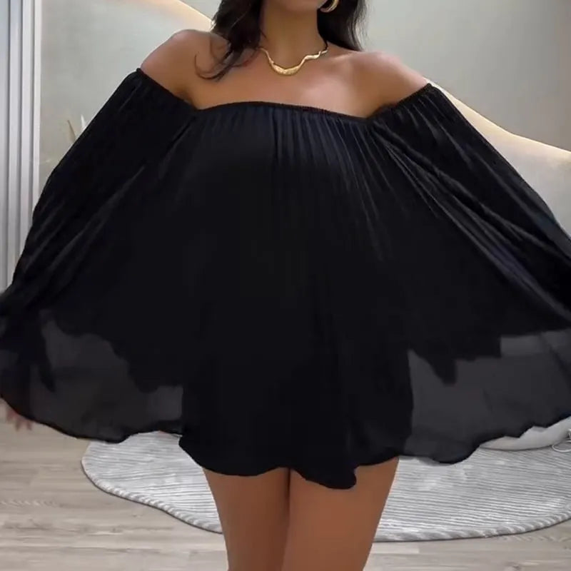 Casual Off-Shoulder Pleated Top and Shorts Set