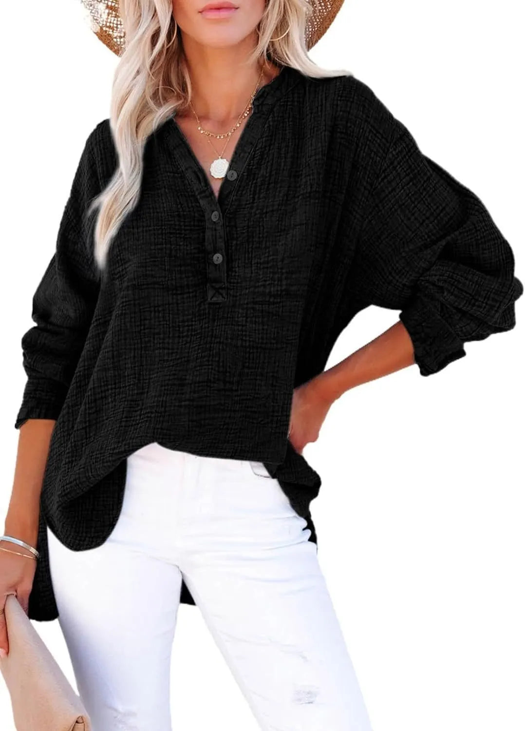 Women's Casual Gauze Button Down Neck Long Sleeve Oversized Top