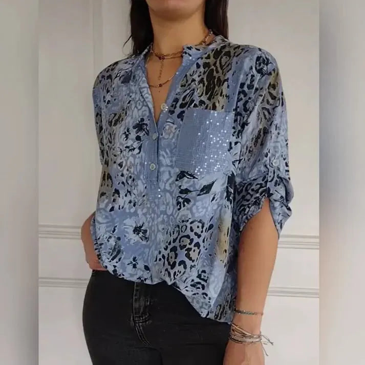 🌈 New✨ Casual printed shirt with half button placket for women