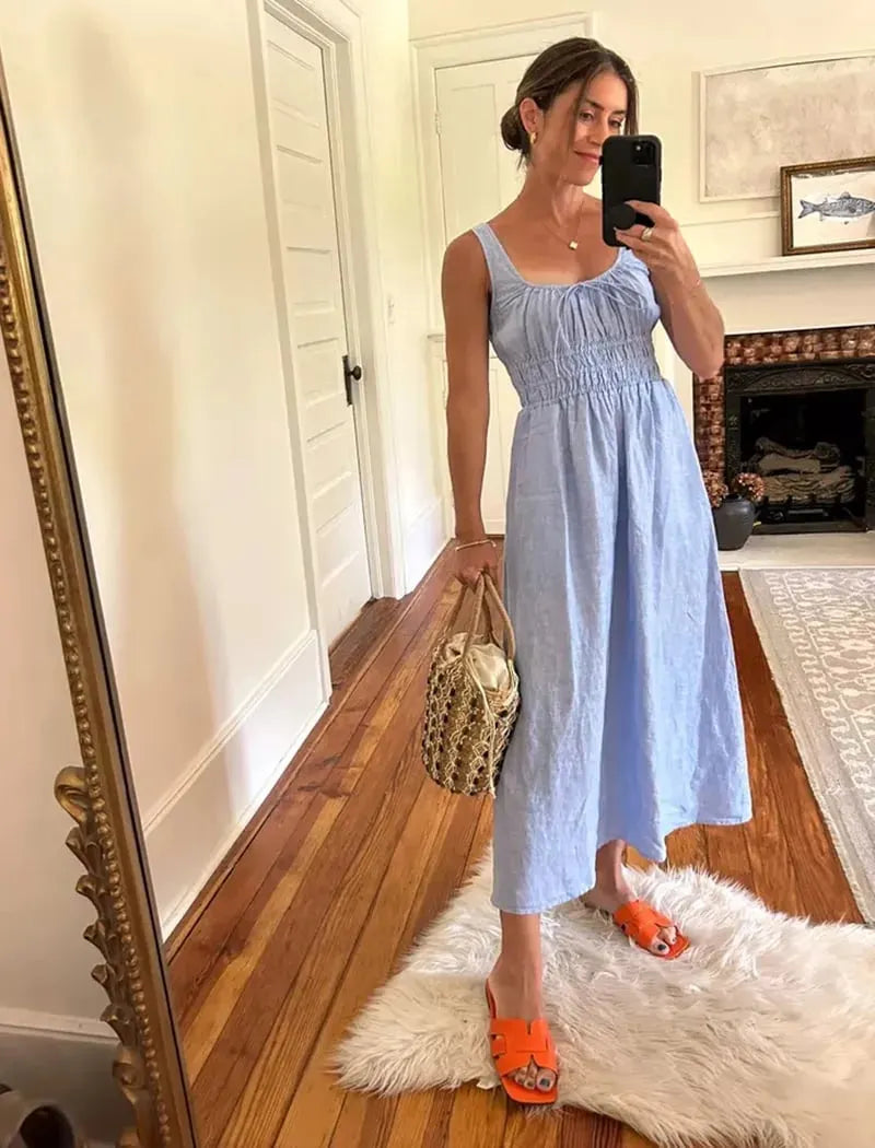 Smocked Linen Dress (Buy 2 Free Shipping)