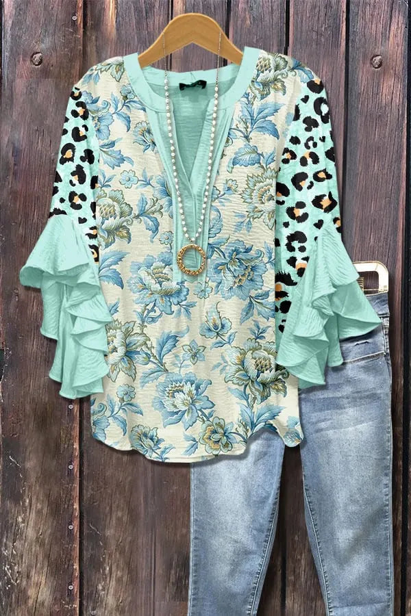 Floral Print Ruffle Bell Sleeve Top
