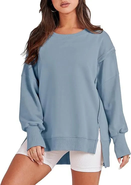 Oversized Crew Neck Sweatshirt Slit Pullover (Buy 2 Free Shiping)