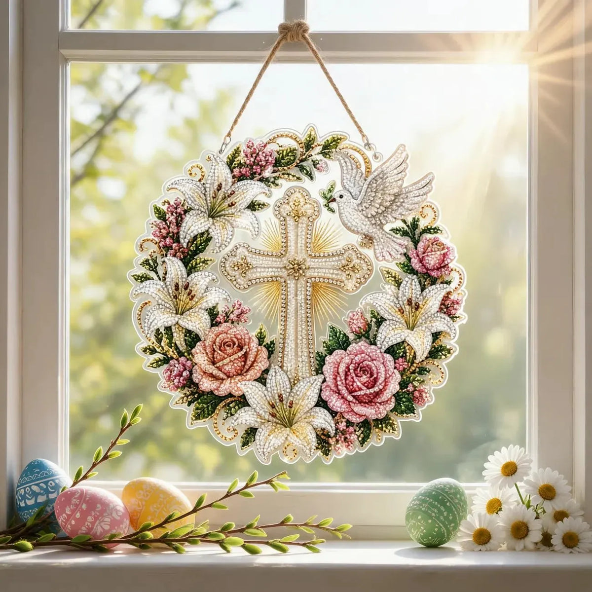 🔥HOT SALE🔥✝️💐Cross, Flowers & Peace Dove Diamond Art Hanging Ornament Kit