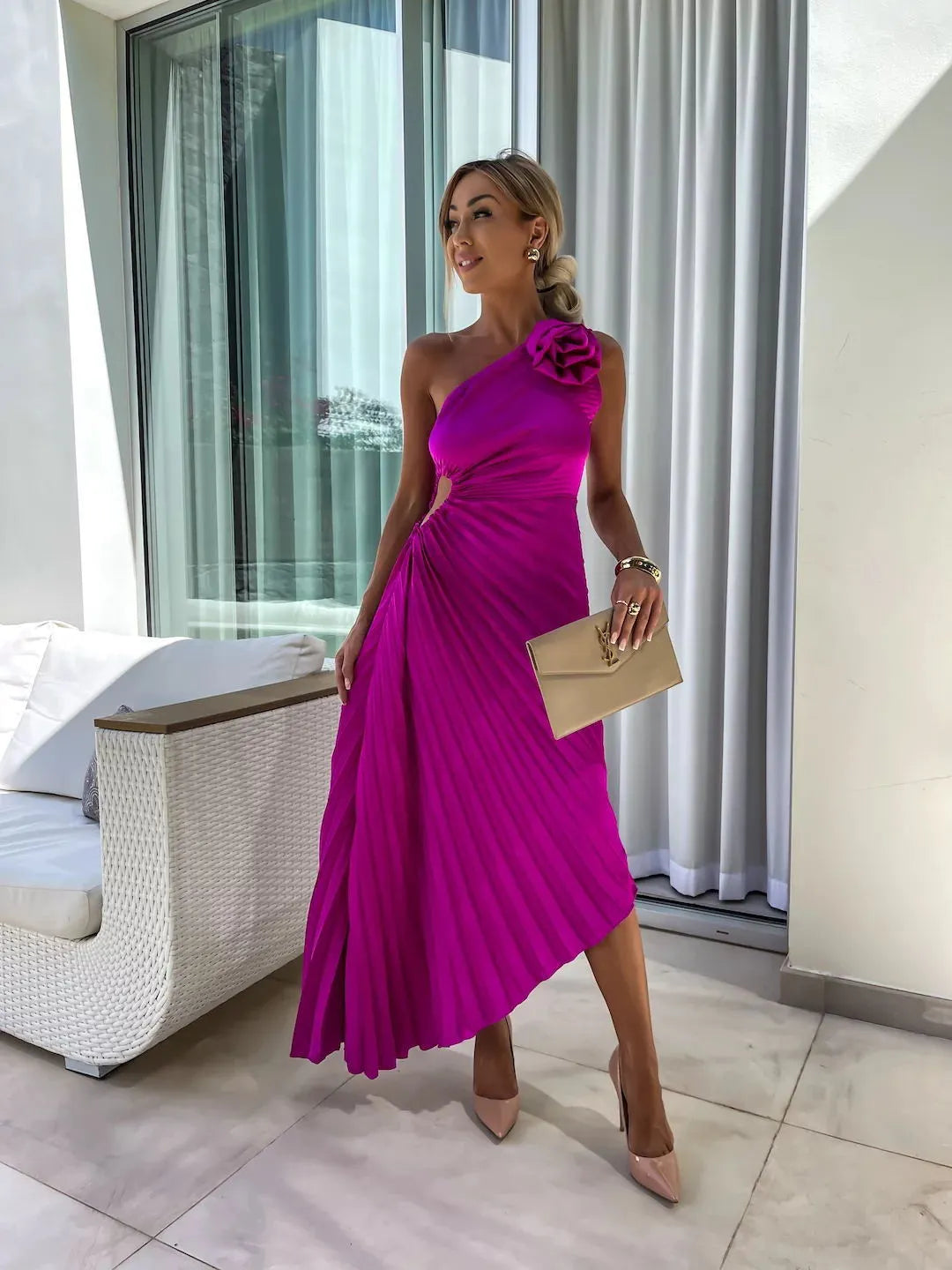 Romantic Nights Satin Raised Flower Elastic Cutout One Shoulder Pleated Maxi Dress
