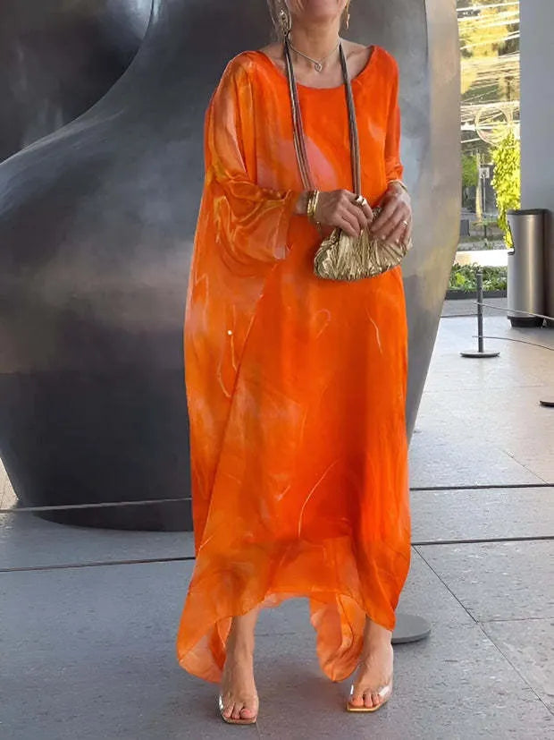 Elegant Chiffon Marbleized Print Dress