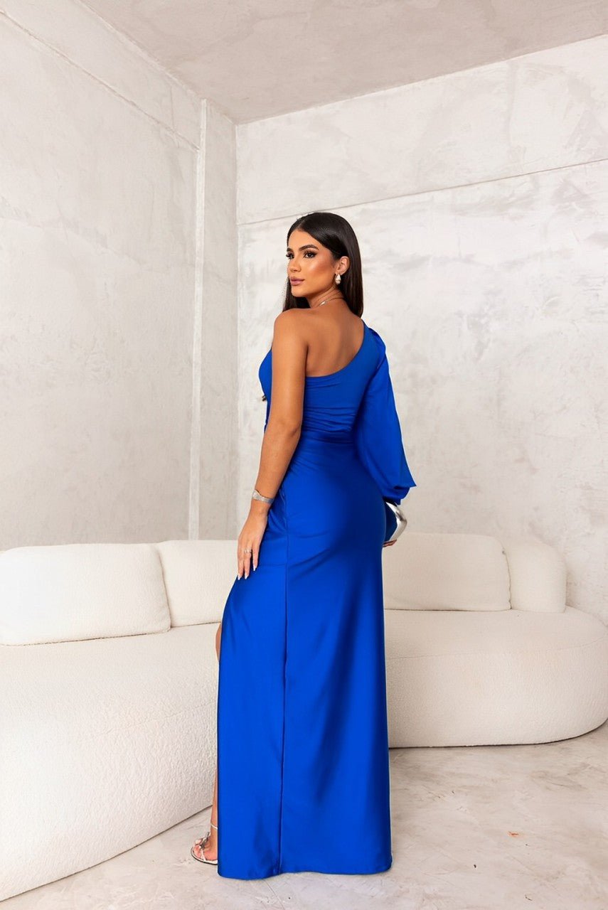 Slanted Collar Ruched Waist & Slit Sexy Long Dress