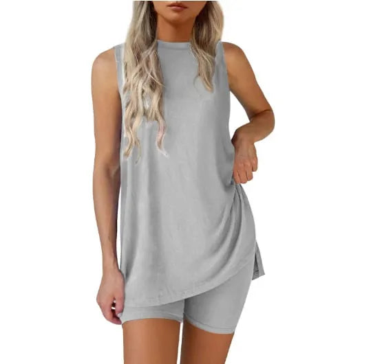 🎉Sleeveless Crewneck Women's 2 Piece Sets Summer Matching Lounge Shorts Set Resort Airport Travel Outfit Split Hem Casual Clothes Basic Fitted Homewear