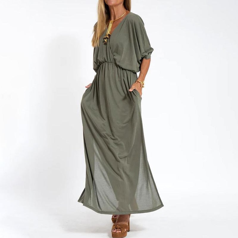 Elegant Solid Color High Waist V-Neck Maxi Dress