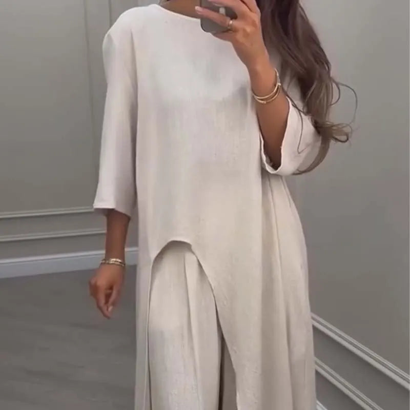 💃Limited Sale 49% OFF💕Solid Color Asymmetrical Top & Wide-Leg Pants 2-Piece Set