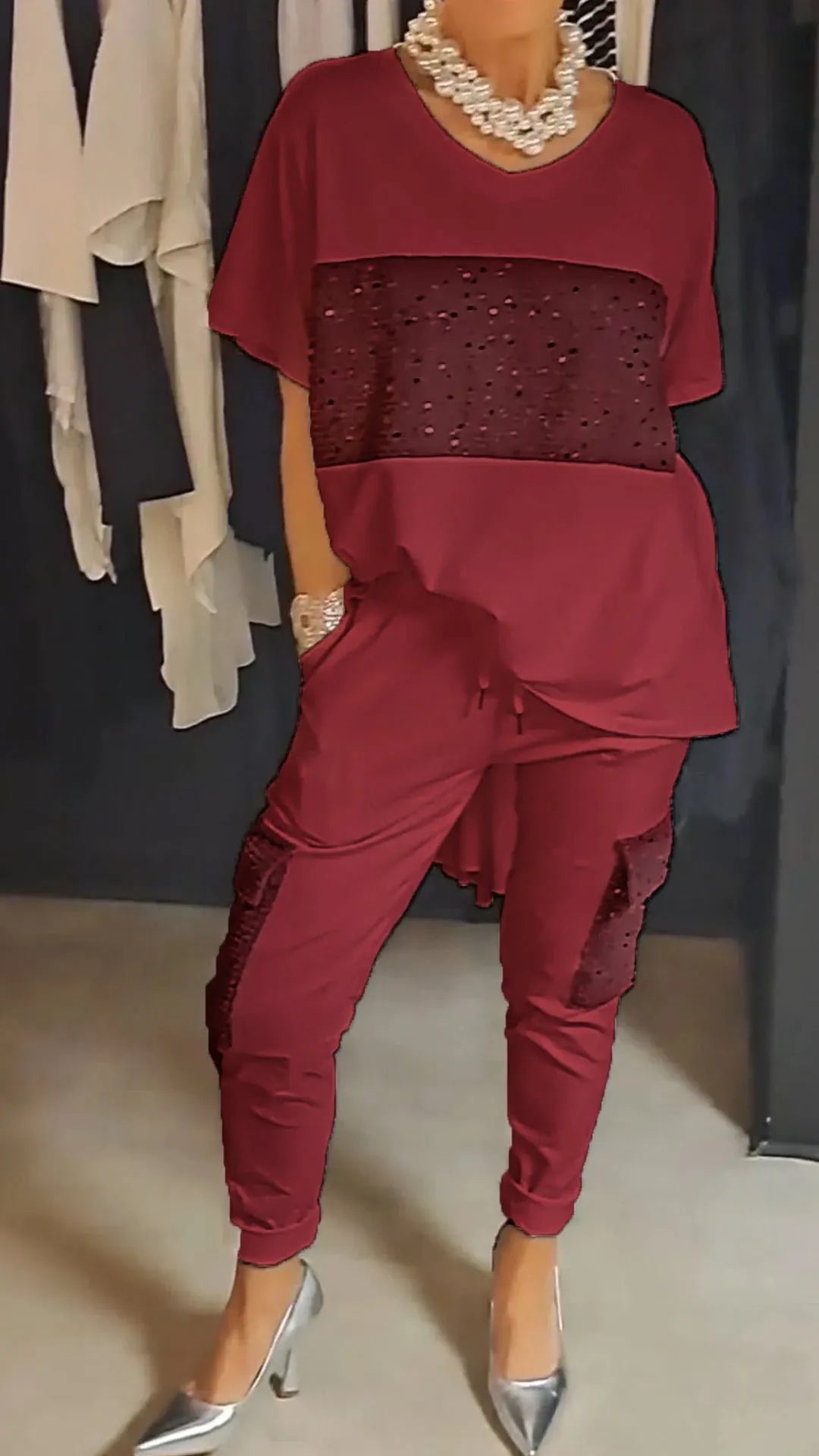 Sequin splicing short-sleeve T-shirt and pants casual sets 🔥(BUY 2 FREE SHIPPING)🔥