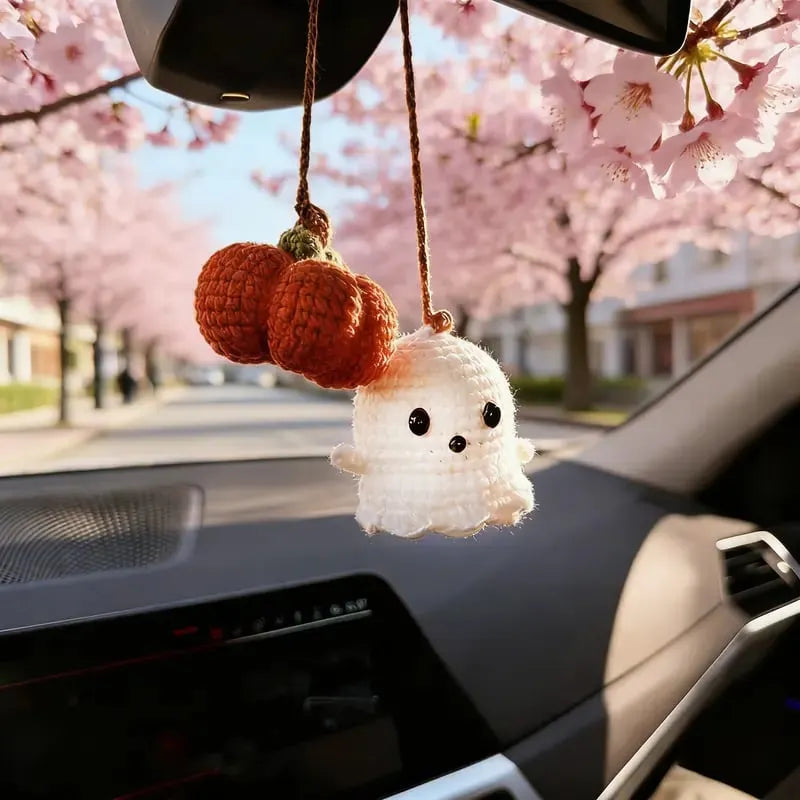 👻Crochet Ghost & Pumpkin Rear View Mirror Charm🎃Handmade Amigurumi Car Decor