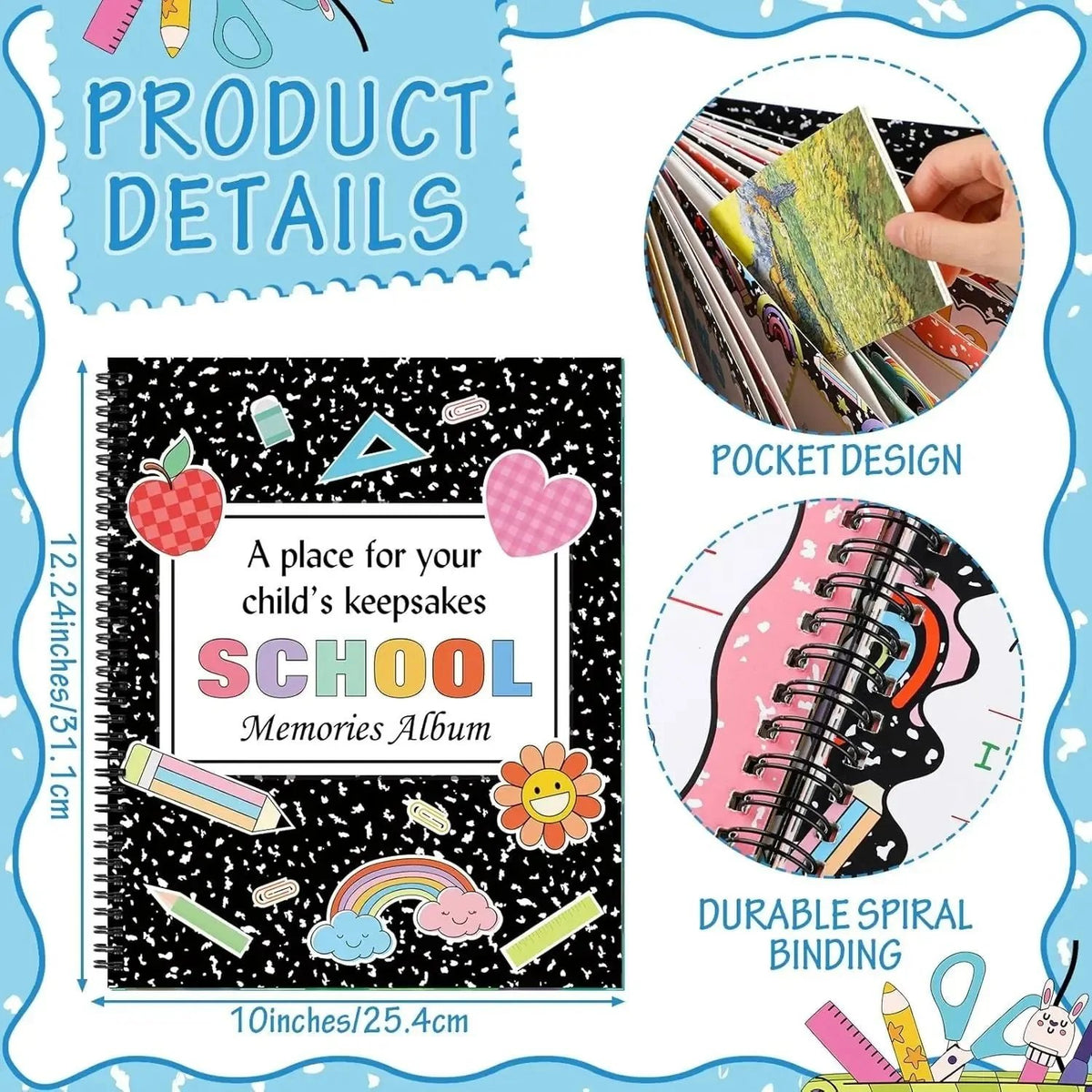 🎉📚School Memory Book Photo Album for Kids,14 Pockets, 34 Pages, 13 Years