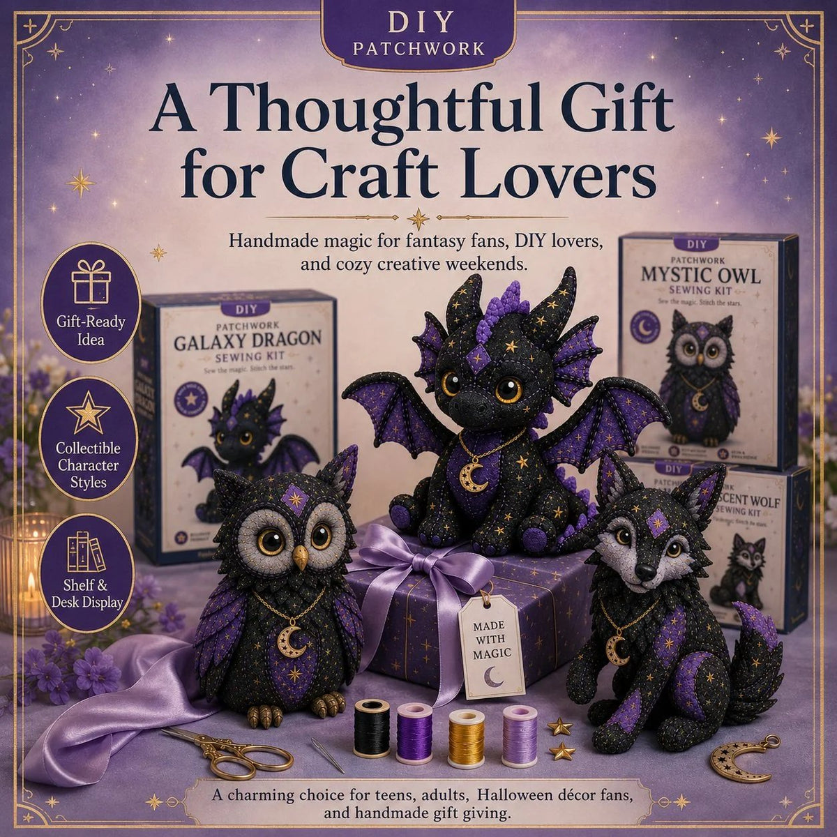 🎉49% OFF - 🐱Mystic Patchwork Animal Sewing Kit – DIY Plush Craft Kit with Starry Fabric, Moon Charm