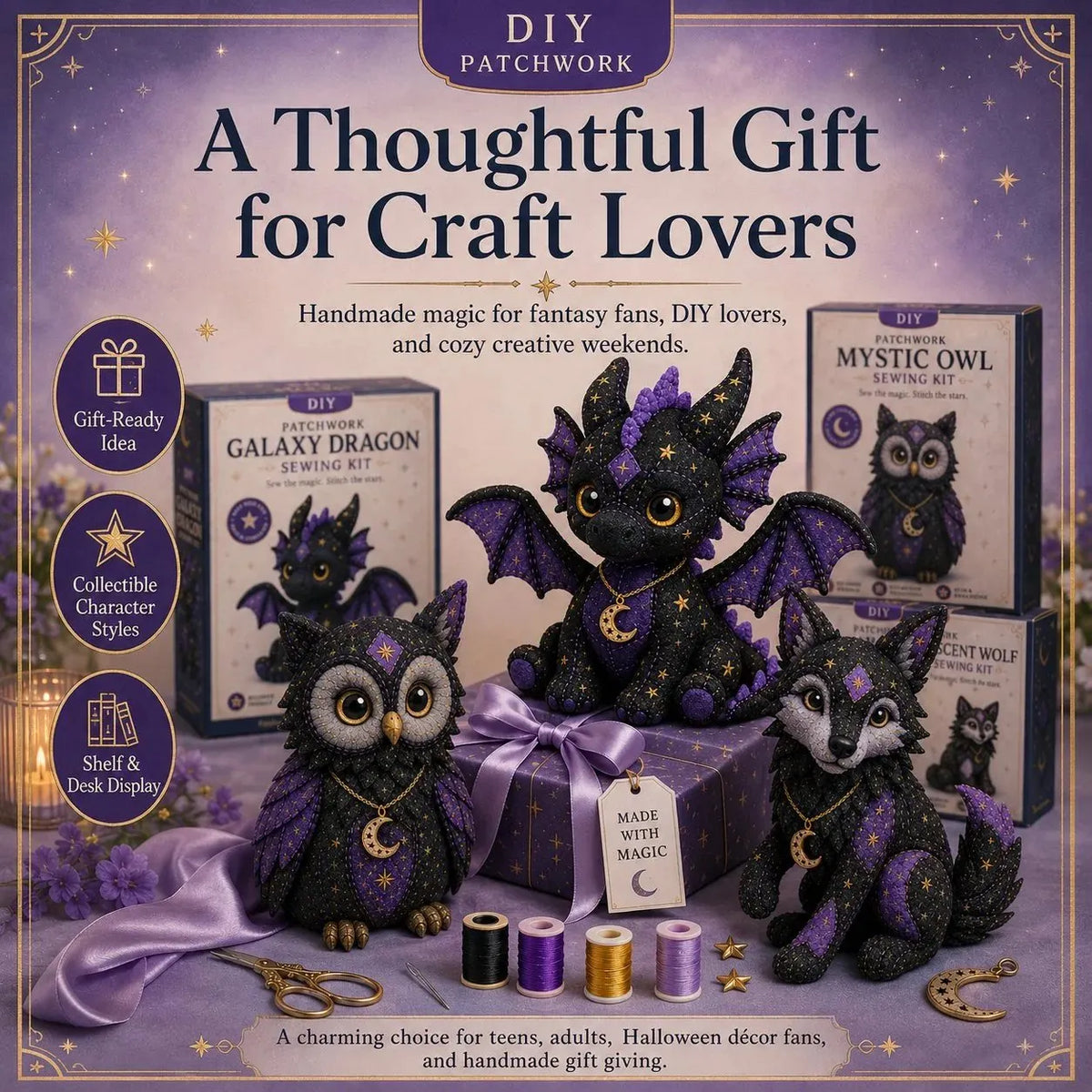 🔥HOT SALE🔥🔥49% OFF - 🐱Mystic Patchwork Animal Sewing Kit – DIY Plush Craft Kit with Starry Fabric, Moon Charm