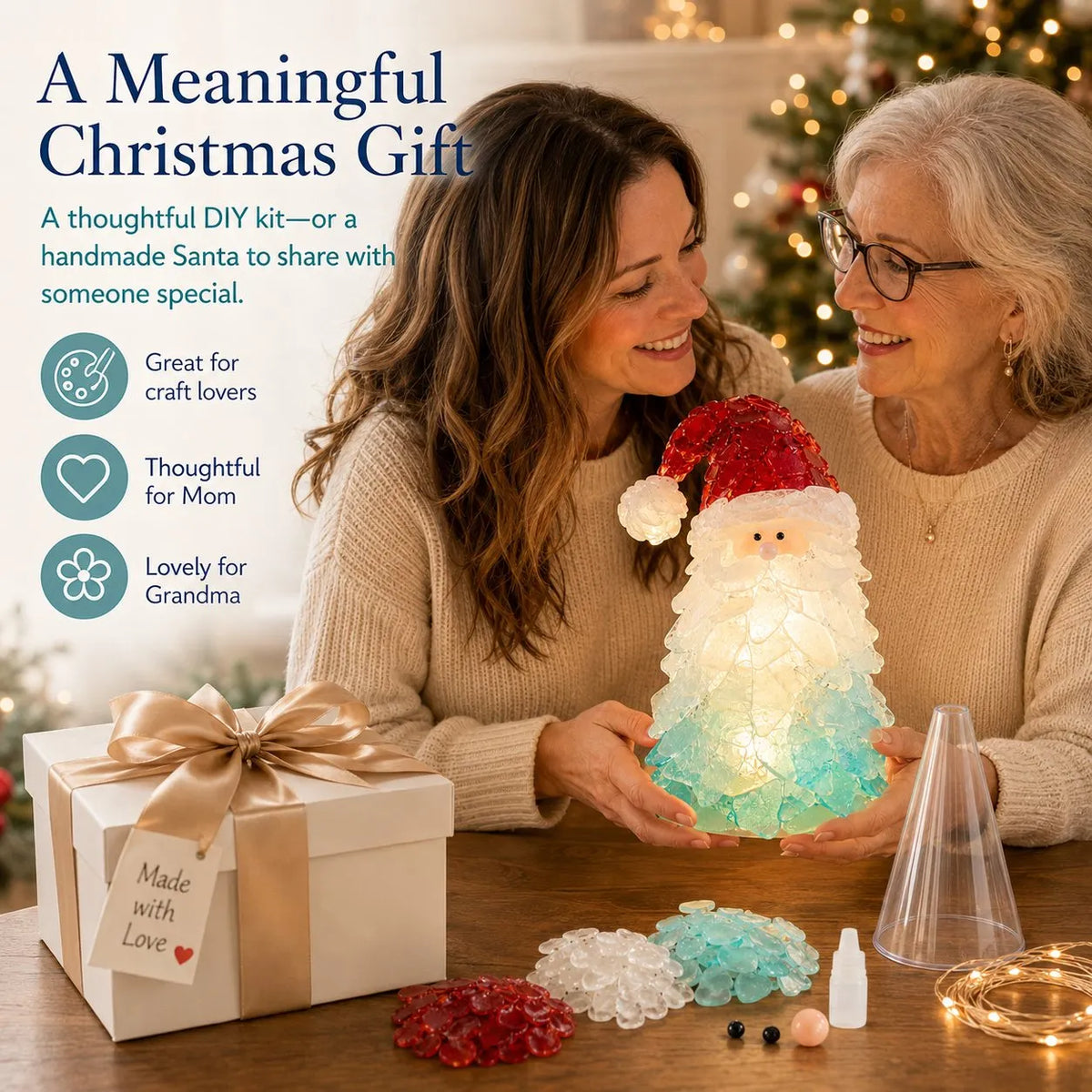 🎉🎅 Beginner-Friendly DIY Lighted Sea Glass Santa Christmas Decor Kit | Complete Kit with Sea Glass Pieces, Warm Fairy Lights & Step-by-Step Guide Included 💕