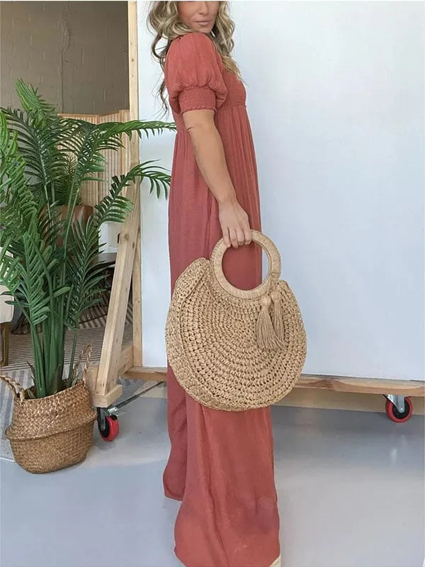 New Square Neckline Jumpsuit with Smocked Bodice Button (Buy 2 Free Shipping)