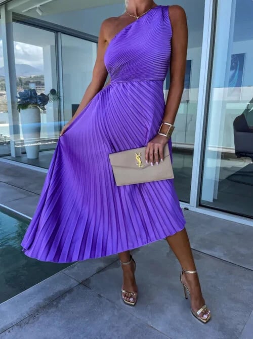 Stunning One - Shoulder Pleated Cut - Out Dress