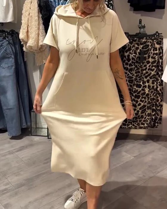 Solid Color Short Sleeve Hoodie Pocket Dress for Women