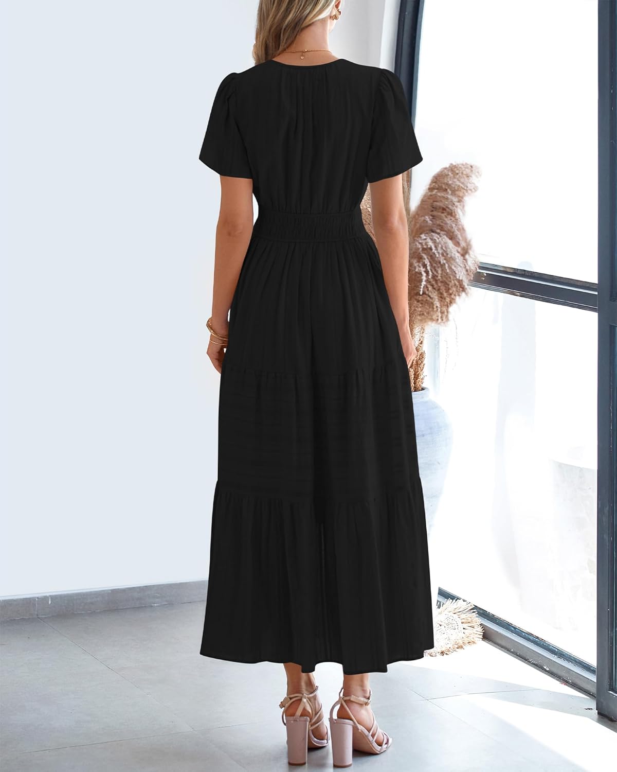 Womens Summer Lightweight Short Sleeve V Casual Midi Maxi Dresses(BUY 2 FREE SHIPPING)