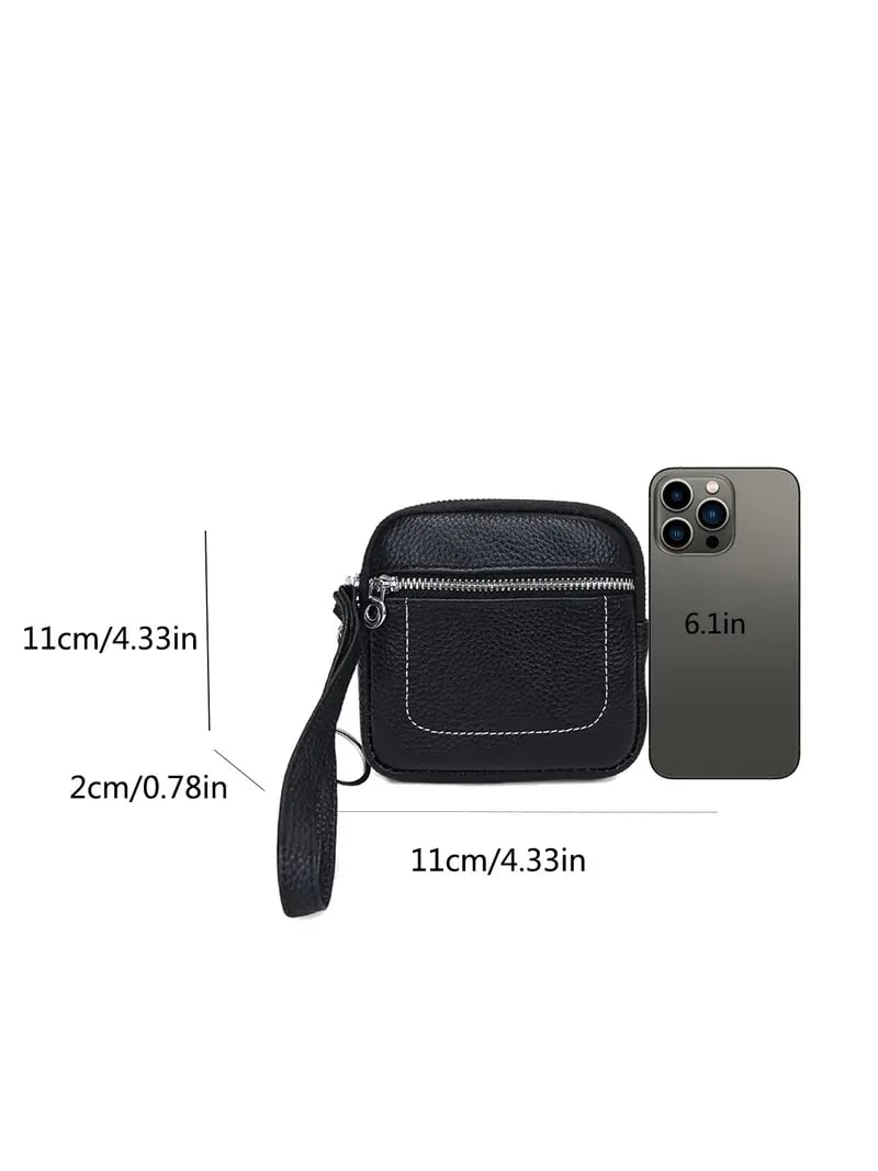 🌟 Genuine Leather Mini Square Card Wallet - Compact Zipper Coin Purse & Keychain Pouch for Men & Women