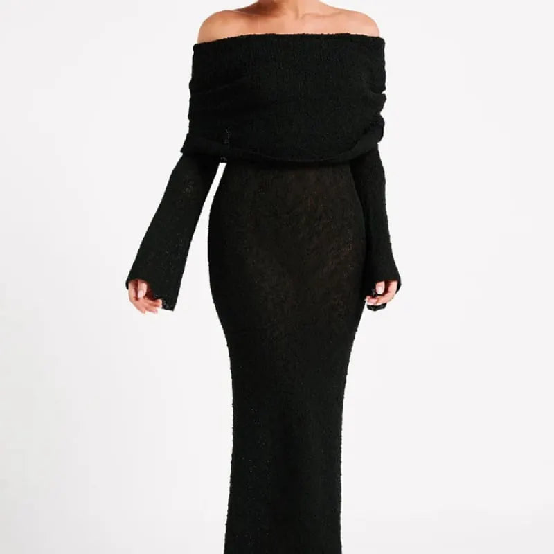 Off Shoulder Stretchy Mesh Knit Maxi Dress