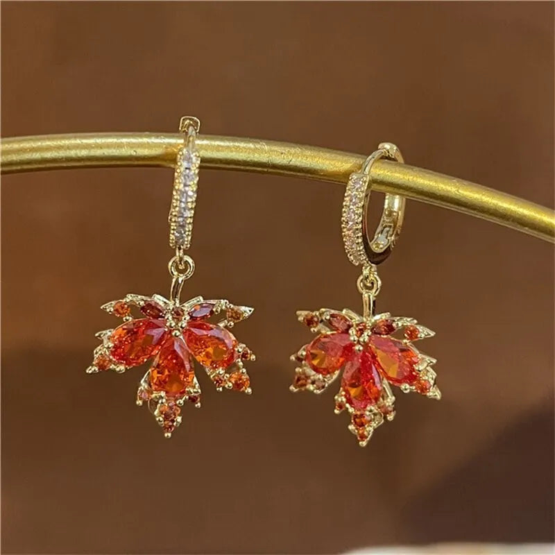 New Women's Red Zircon Maple Leaf Dangle Earrings