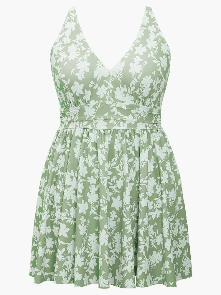 Floral Print V Neck Ruffle Hem Ruched Detail Swim Dress