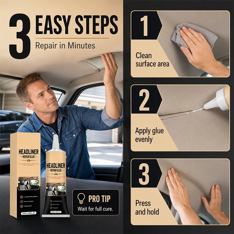🔥HOT SALE🔥49K+ Sold 🚗 Waterproof Car Headliner Repair Glue, High Strength Adhesive for Sagging Car Ceiling & Interior