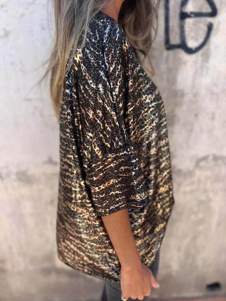Women's Leopard V-neck Mid-sleeve Top