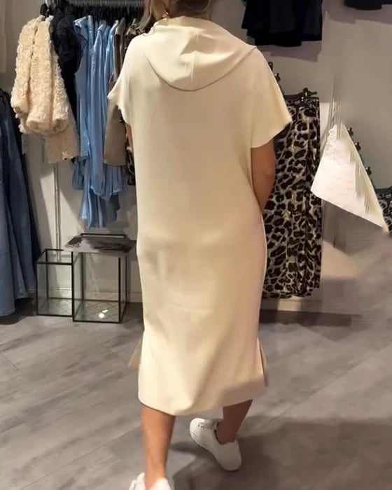 Solid Color Short Sleeve Hoodie Pocket Dress for Women