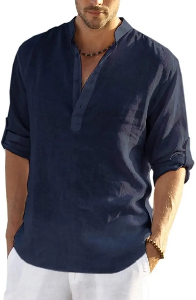 🔥Men's cotton and linen Henley Shirt Long Sleeve Hippie Casual Beach T Shirts