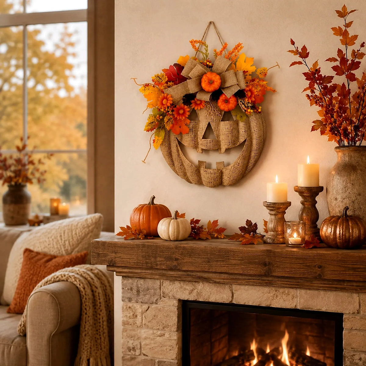 🔥HOT SALE🔥🎃✨ Lighted Burlap Pumpkin Wreath