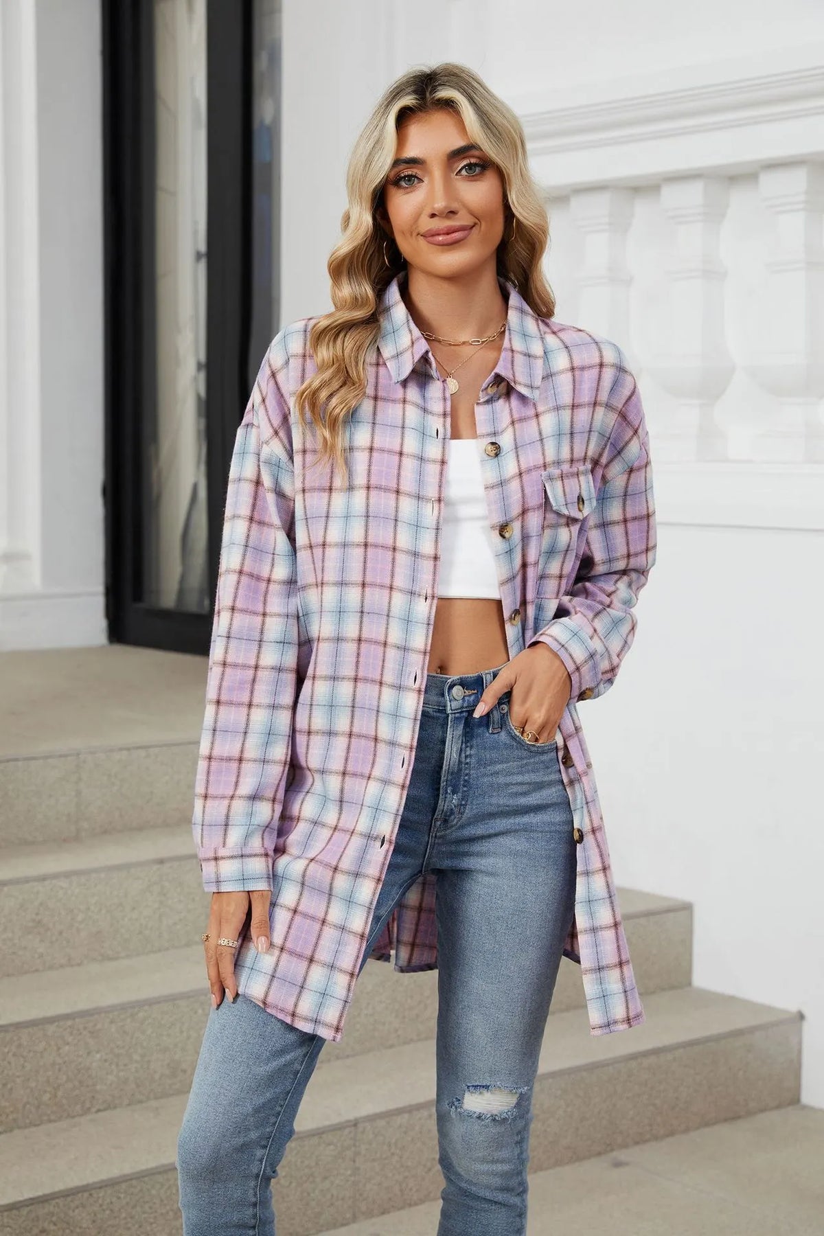 🔥Women's flannel plaid casual loose long-sleeved shirt