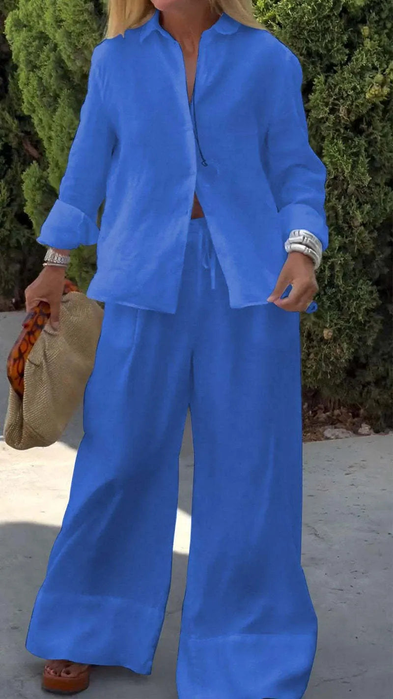 Linen Blend Casual Shirt Straight Wide Leg Pants Suit