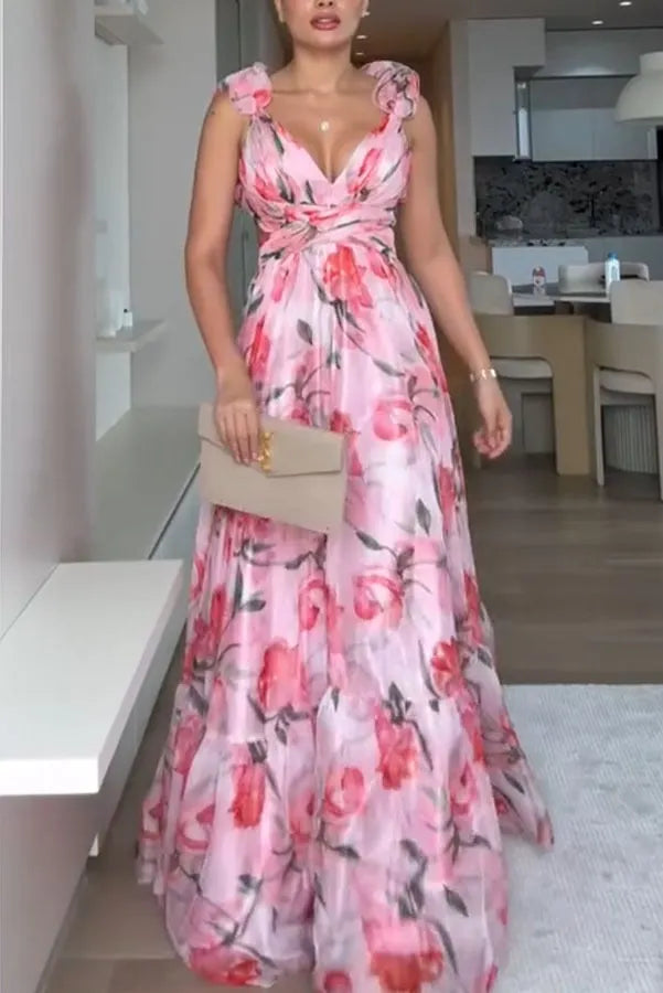 Women's V-neck Waist-tied Back Tie-up Elegant A-line Printed Dress