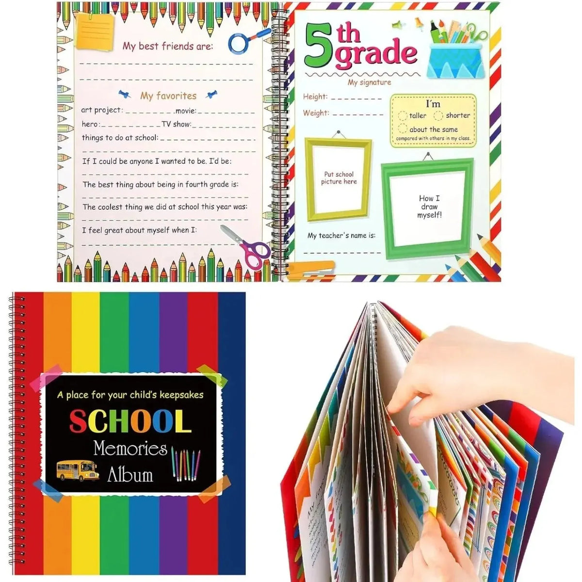 🎉📚School Memory Book Photo Album for Kids,14 Pockets, 34 Pages, 13 Years