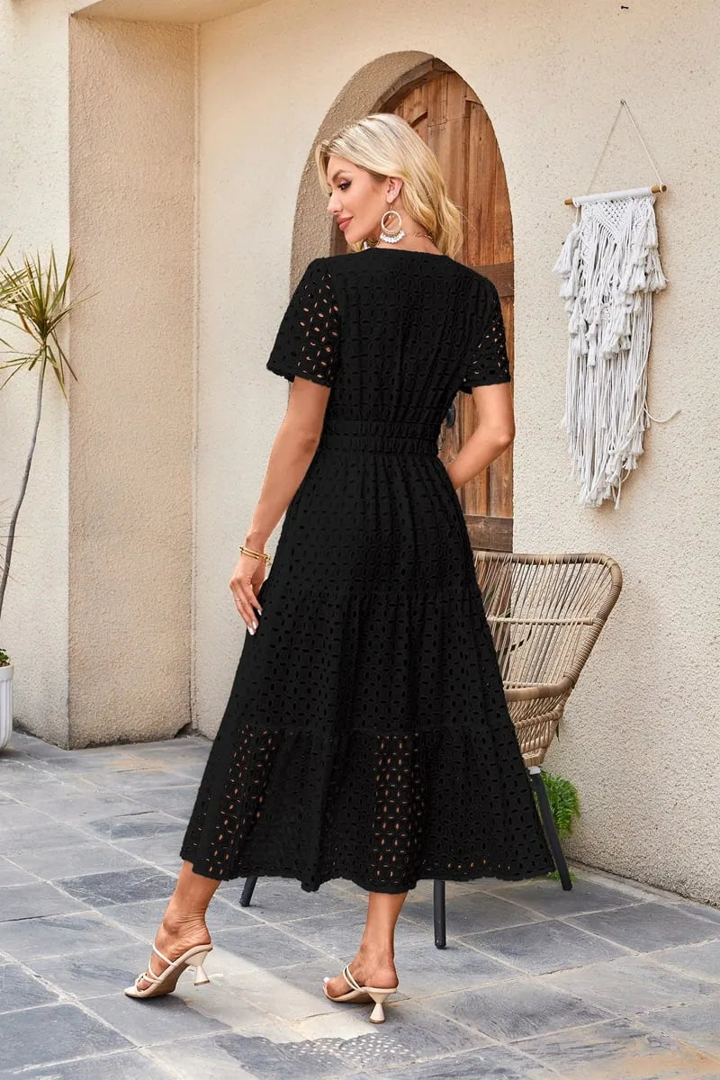Womens Summer V Neck Maxi Dress Short Sleeve Hollow Out Flowy Beach Dress