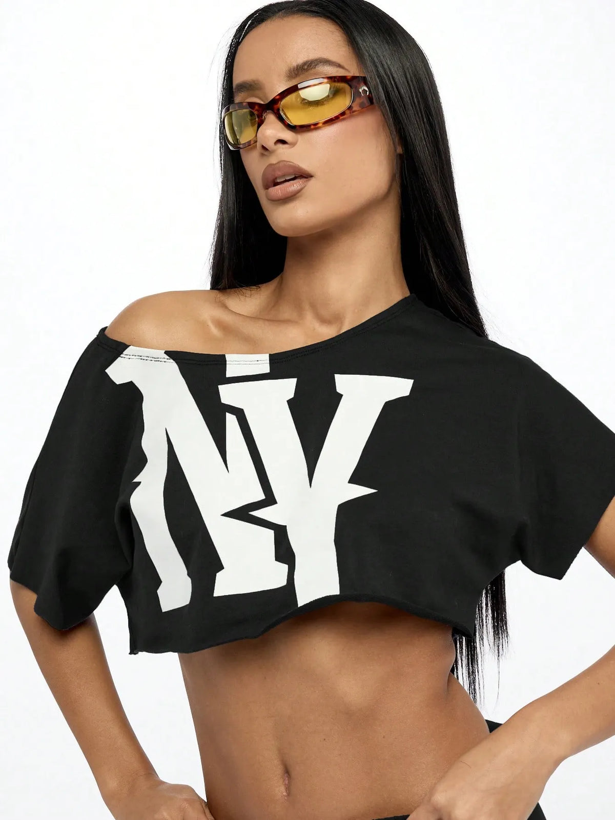 WOMEN Off Shoulder NY Logo Slouchy Crop Tee Athletic Varsity Sports Fan Streetwear Workout Fashion Athleisure Cropped T-Shirt Summer Urban Style