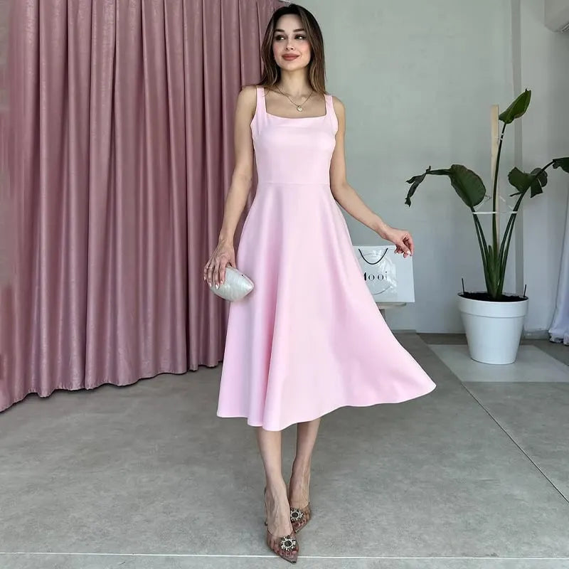 Solid color square neck sleeveless halter dress