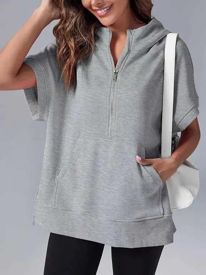 Oversized Casual Half Zip Short Sleeve Pullover Tops with Pockets (Buy 2 Free Shipping)