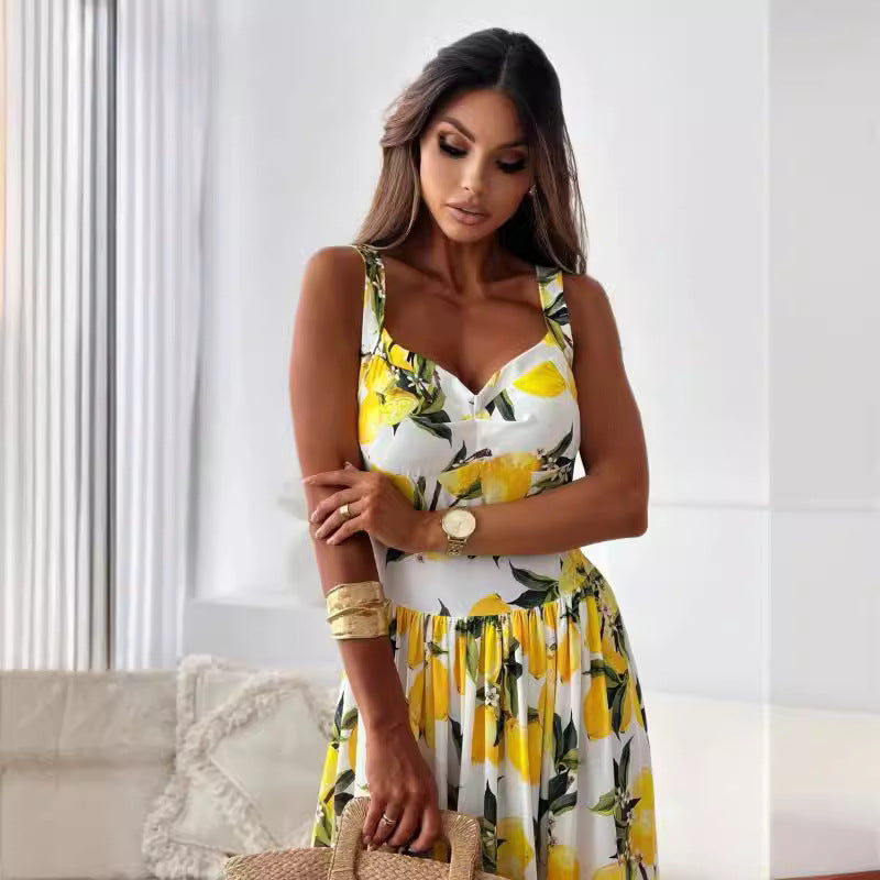 💕50% OFF🍋Elegant long spaghetti strap lemon print dress for women