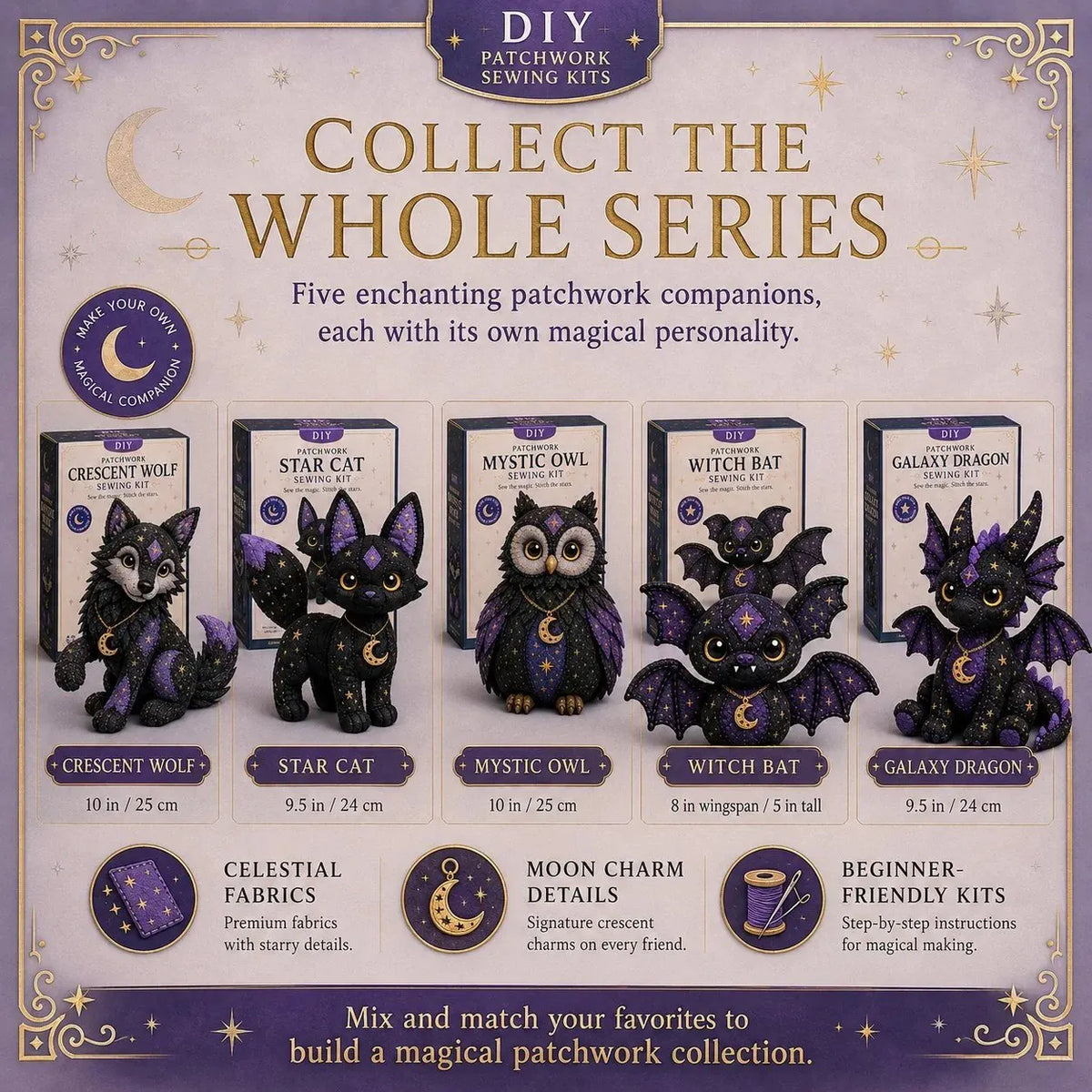 🔥HOT SALE🔥🔥49% OFF - 🐱Mystic Patchwork Animal Sewing Kit – DIY Plush Craft Kit with Starry Fabric, Moon Charm