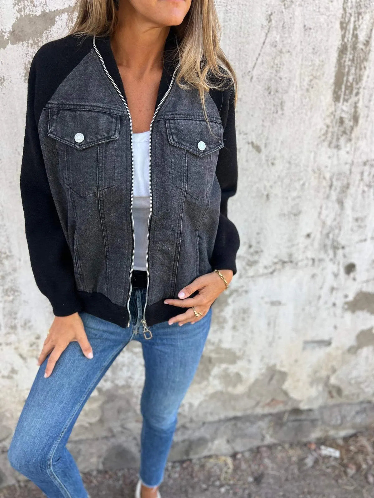 Patchwork Raglan Sleeves Denim Zipper Jacket (Buy 2 Free Shipping)