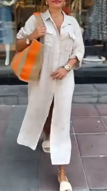 Solid Color Button Down Slit Loose Casual Shirt Dress