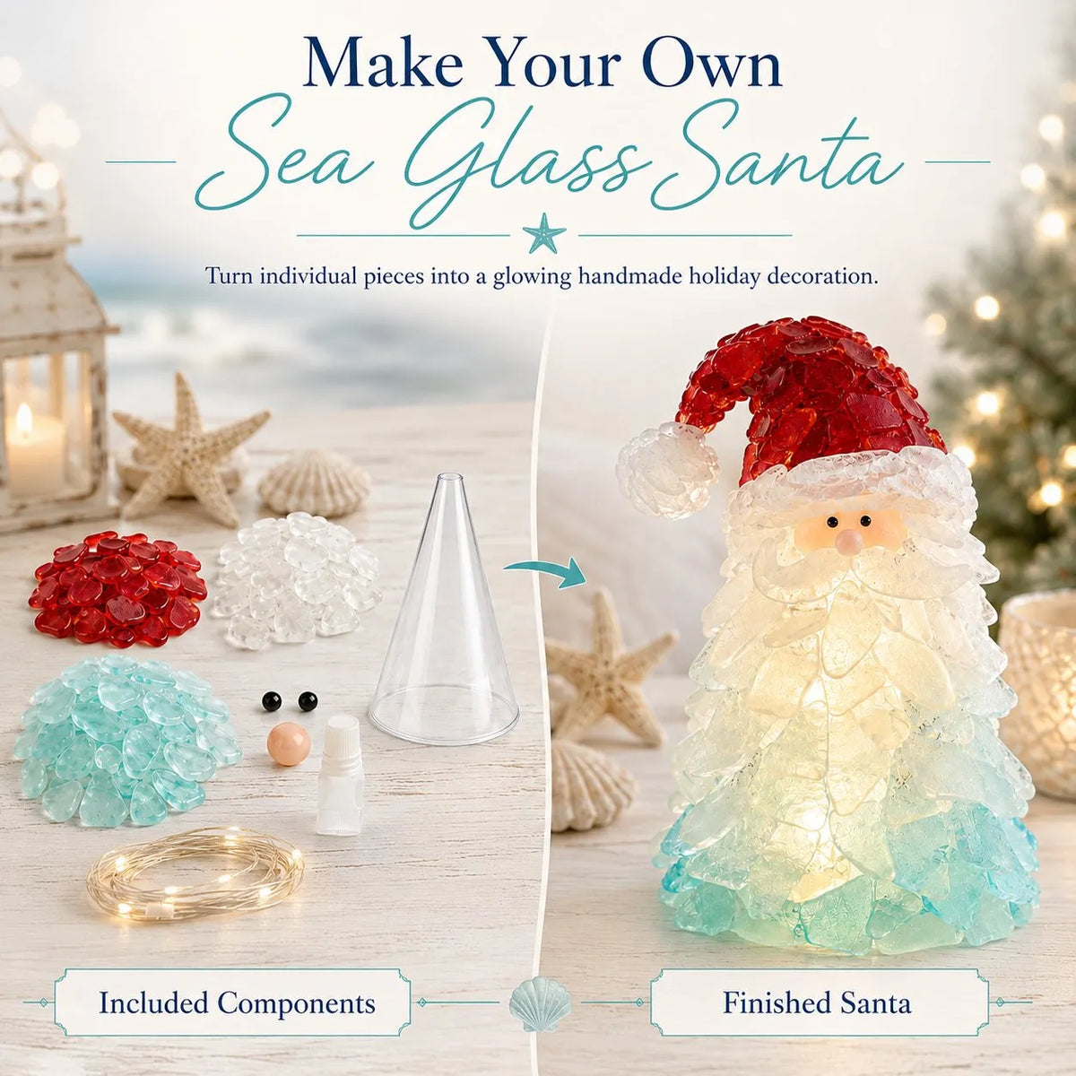 🎉🎅 Beginner-Friendly DIY Lighted Sea Glass Santa Christmas Decor Kit | Complete Kit with Sea Glass Pieces, Warm Fairy Lights & Step-by-Step Guide Included 💕