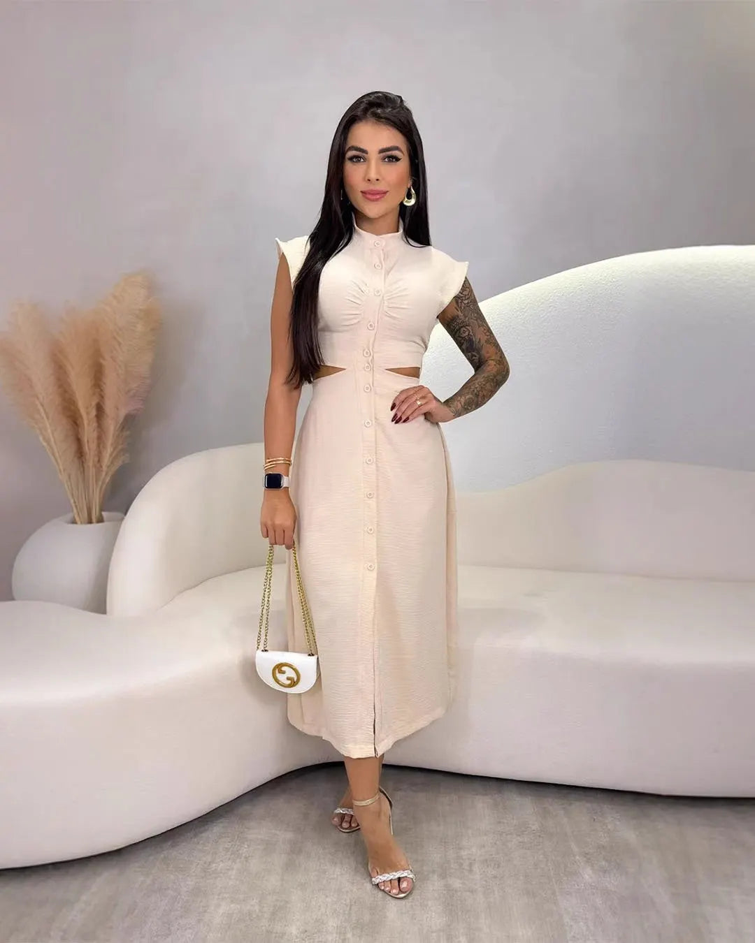 Women's Waist-baring Sleeveless Button Casual Dress