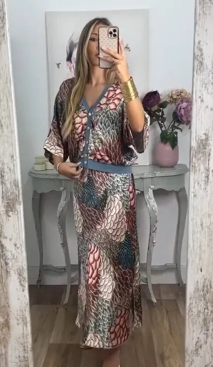 HARLEN SATIN UNIQUE PRINTED LOOSE SHIRT TOP AND ELASTIC WAIST MAXI SKIRT SET