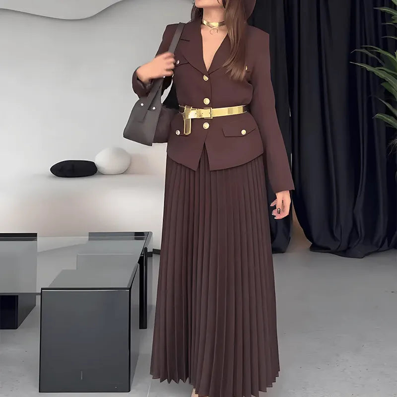 🔥Hot sale🔥Women's Blazer with Lapels and Maxi Pleated Skirt, 2-Piece Set with Matching Belt(🚛Free shipping)